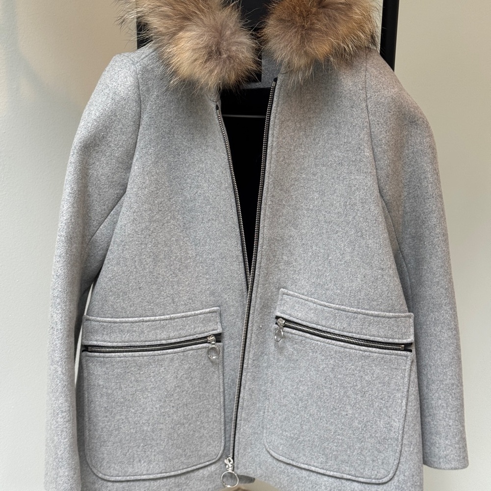 Maje Gray and Brown Puffer Jacket with Fur Trim